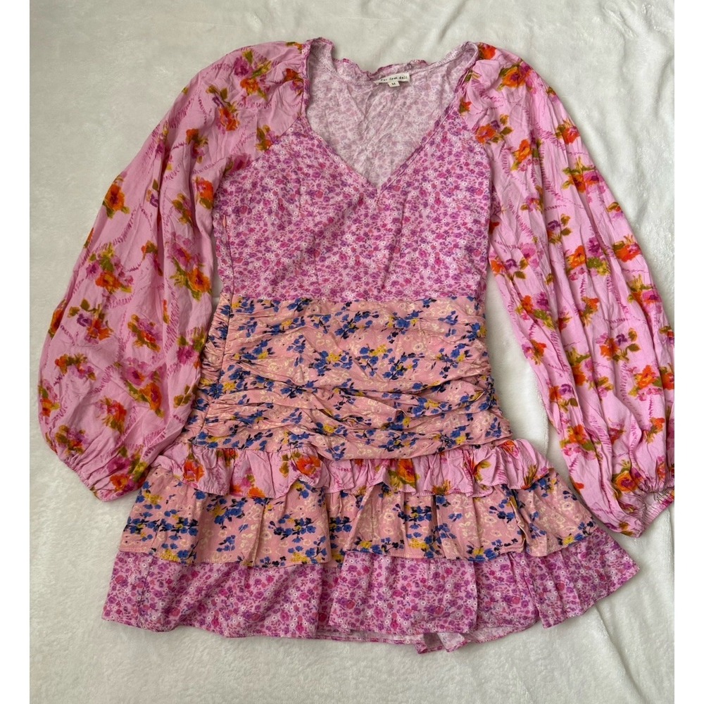 For‎ Love Bell Pink Floral Fit & Flare Dress M Long Sleeve Ruffle